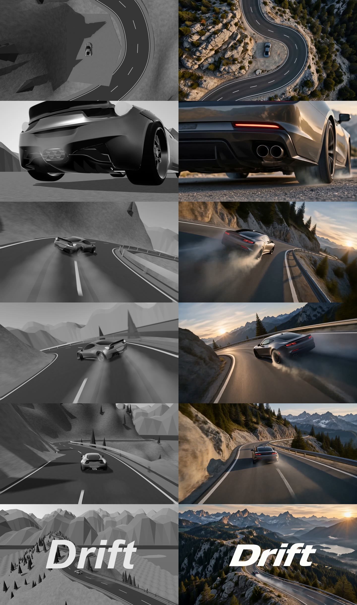 Six moments from the Drift commercial, Blender previz on the left and the final AI frame on the right
