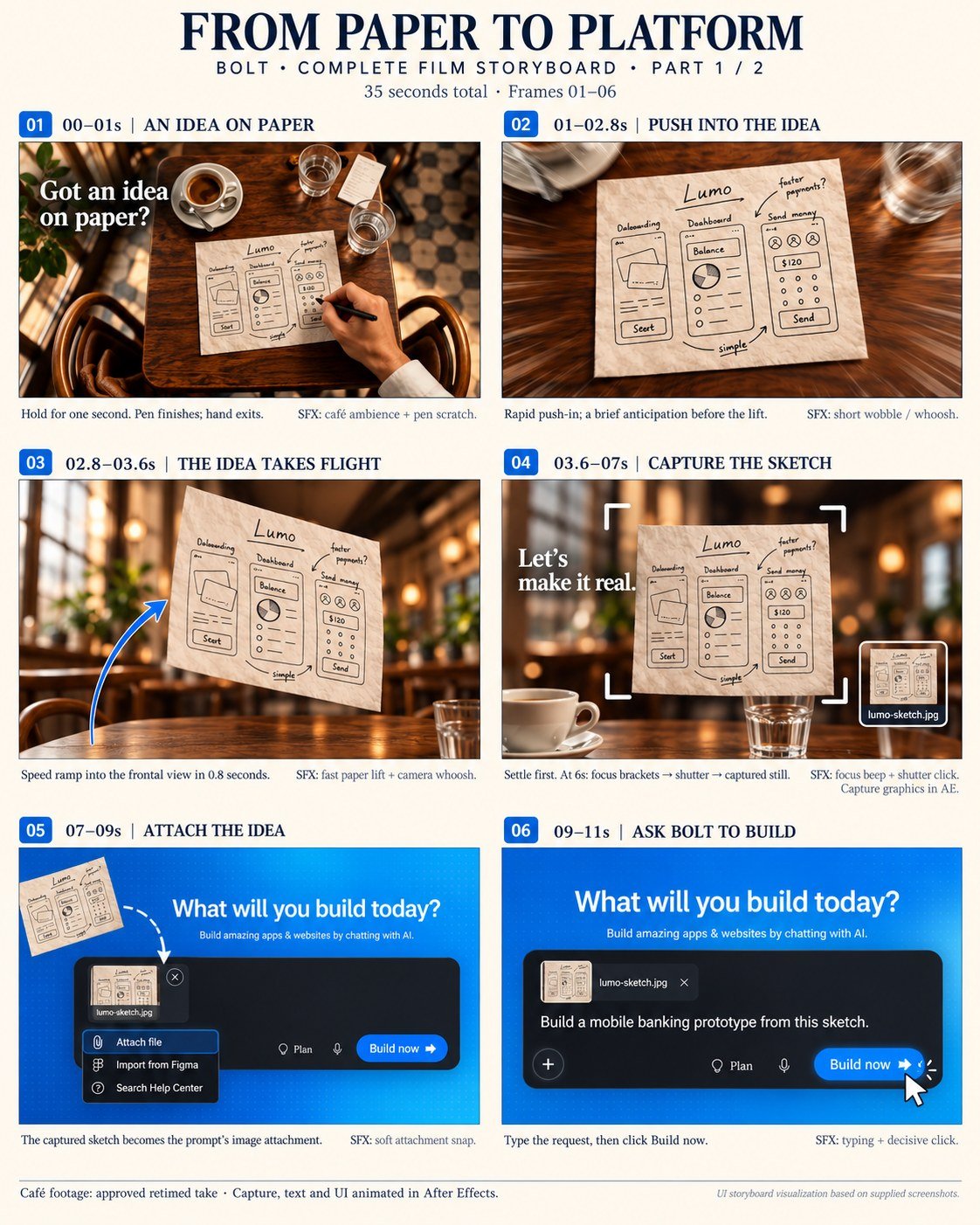 From Paper to Platform storyboard, part 1, frames 1 to 6: the sketch on the café table, the push-in, the paper taking flight, the capture, attaching the sketch in Bolt and asking Bolt to build