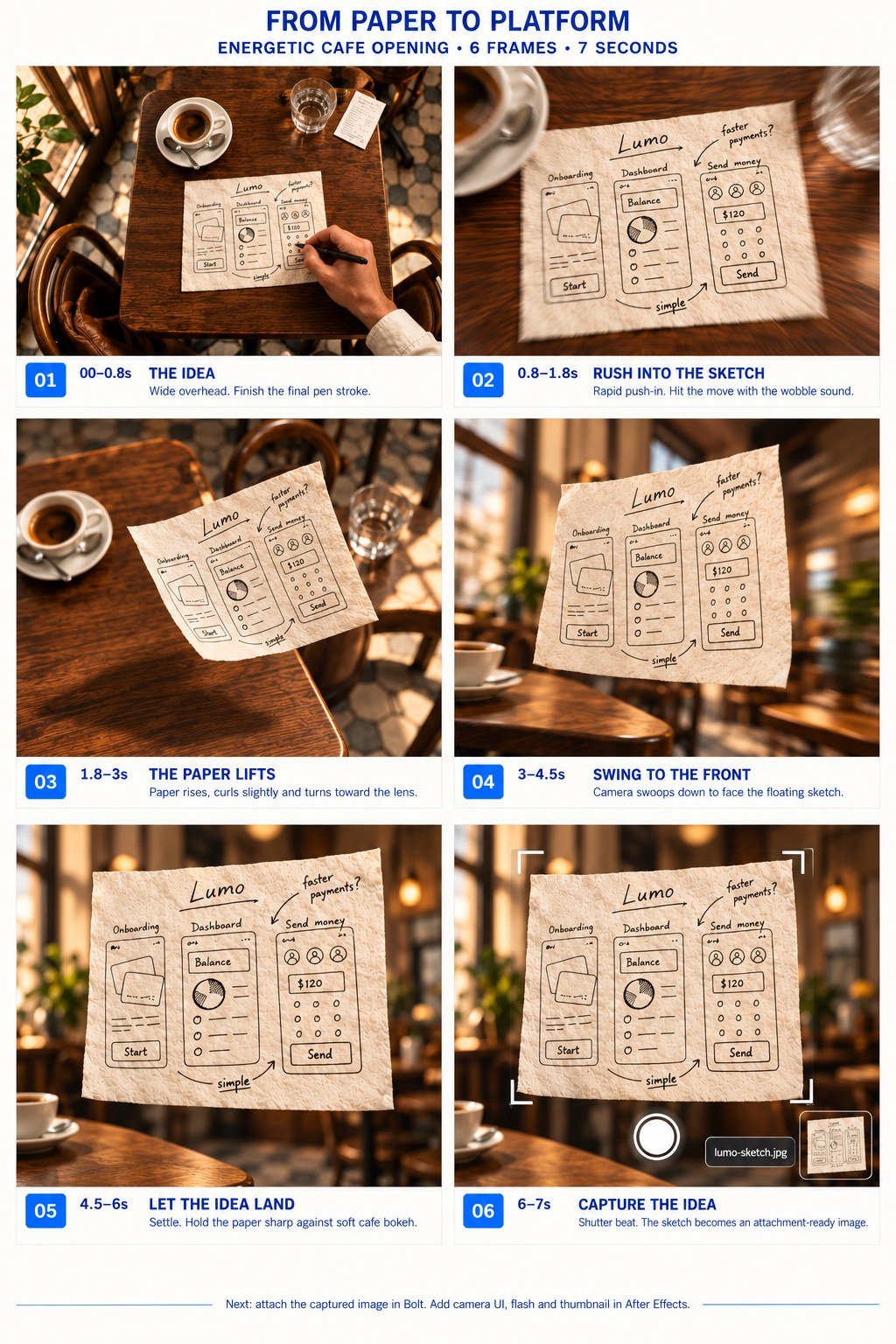 Shot board for the café opening in six frames: the final pen stroke, the push-in, the paper lifting, the swing to the front, the idea landing and the capture