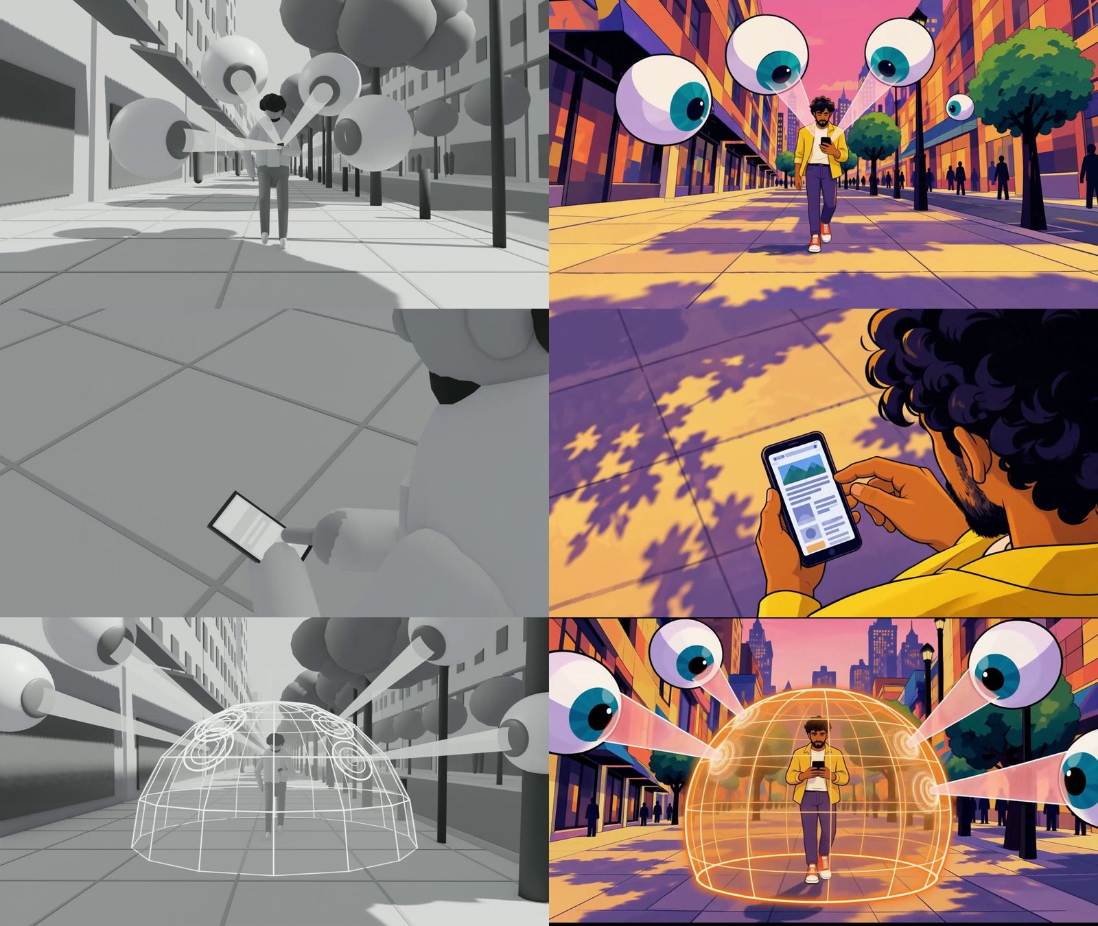Three moments from the No Peeking spot, grey Cinema 4D previz on the left and the final frame on the right