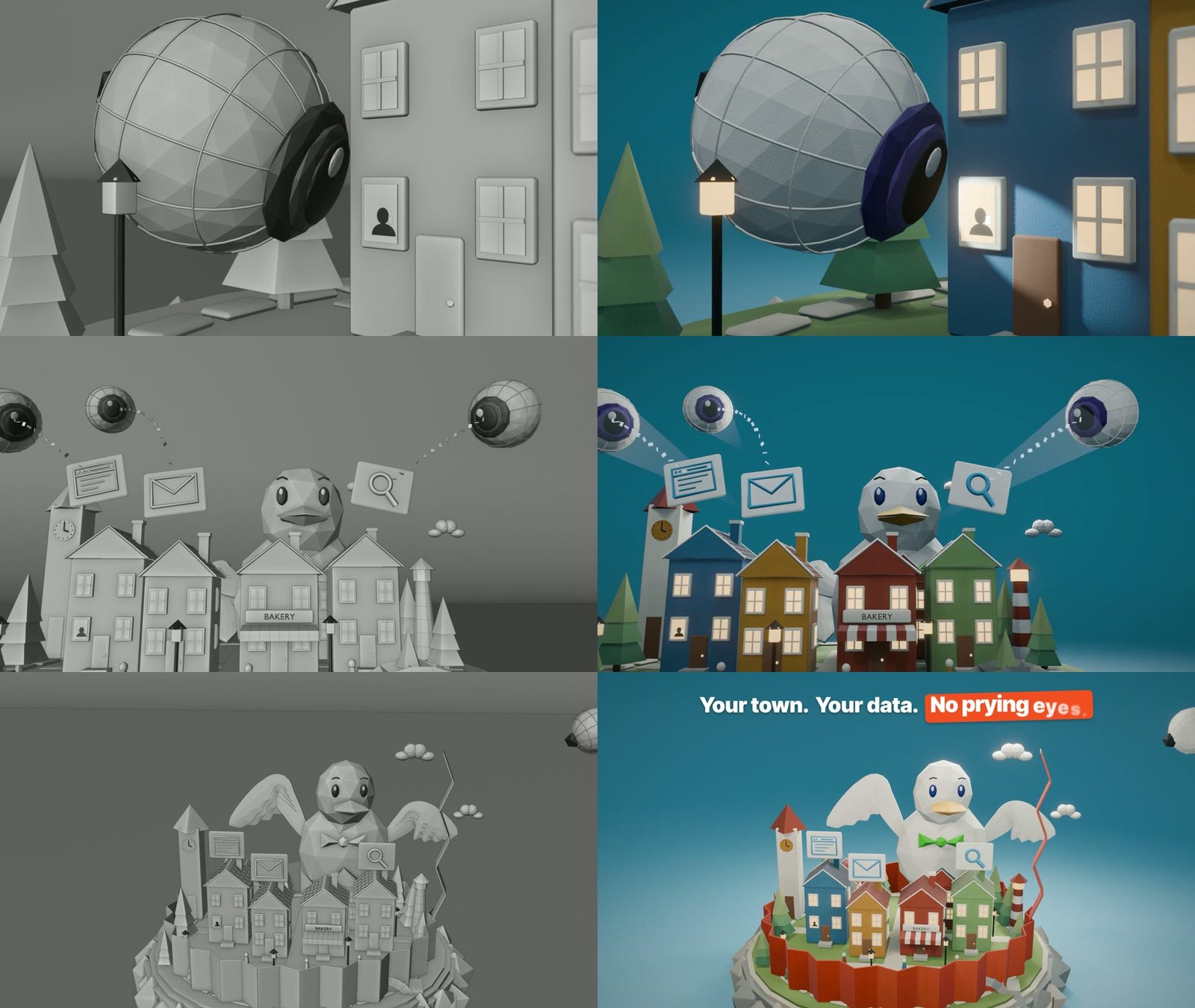 Three moments from the DuckDuckGo ad, grey Blender playblast on the left and the final frame on the right